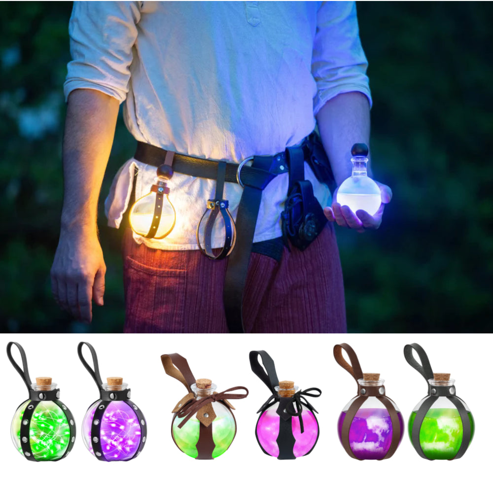 Medieval Viking knight leather belt with alchemy potion bottle.