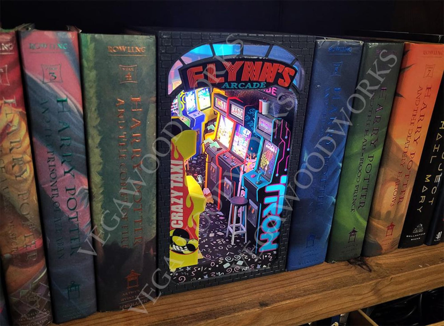 90's themed arcade book nook with LED lights