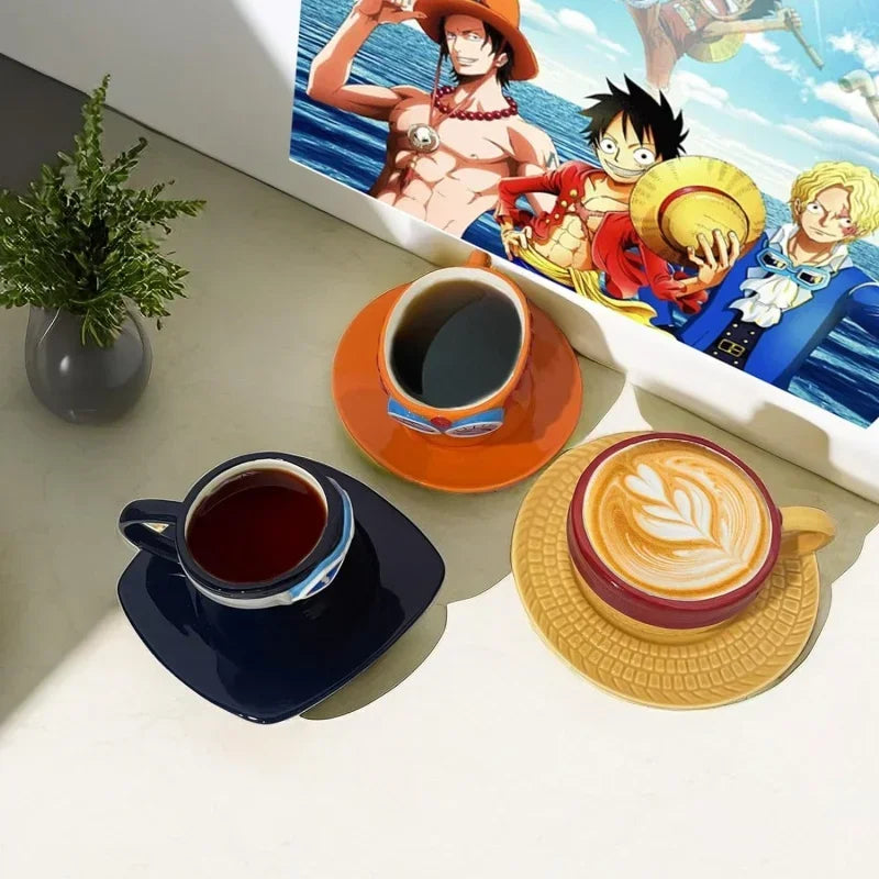 Creative anime coffee cup with saucer featuring cartoon brothers hat design