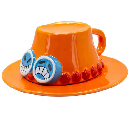 Creative anime coffee cup with saucer featuring cartoon brothers hat design
