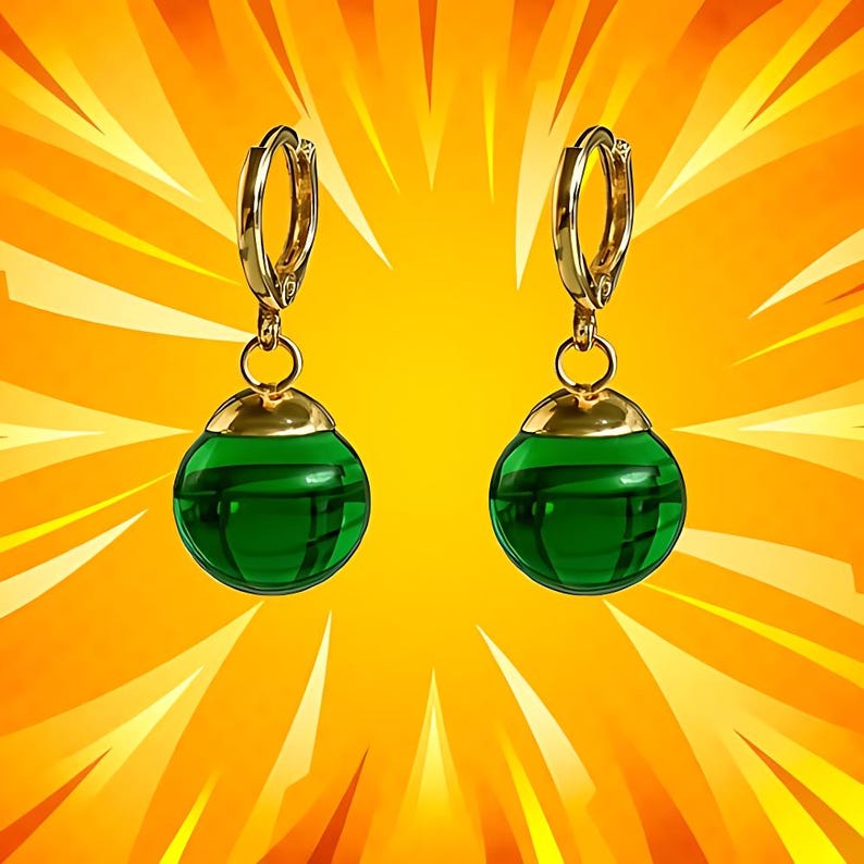 Green Potara fusion earrings with gold accents for anime fans