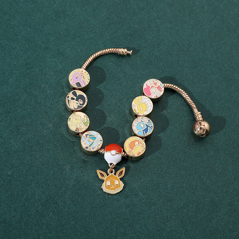 Kawaii Eevee Vaporeon Flareon anime bracelet with metal beads and charms
