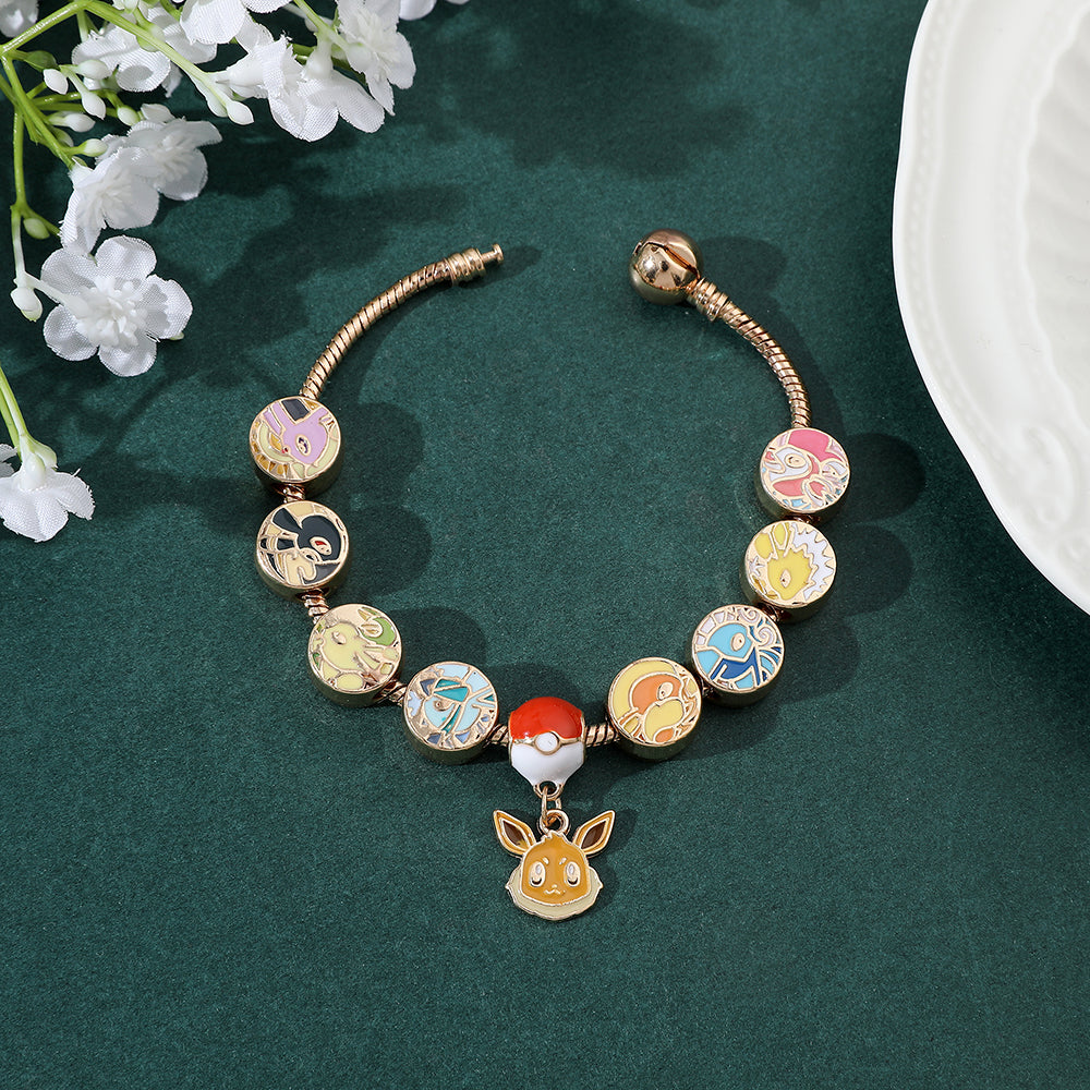 Kawaii Eevee Vaporeon Flareon anime bracelet with metal beads and charms