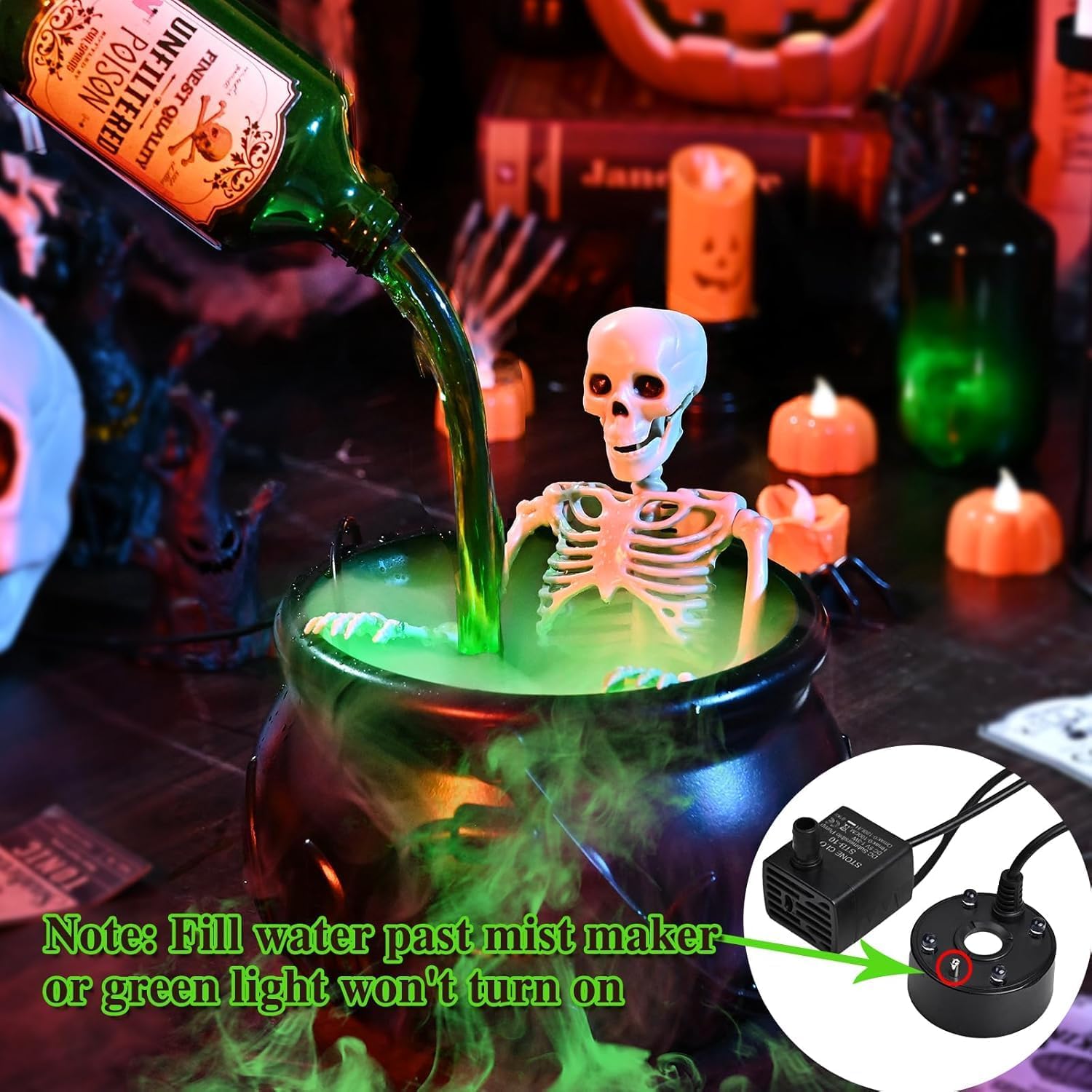 Black cauldron with floating potion bottles and diffuser for Halloween decor