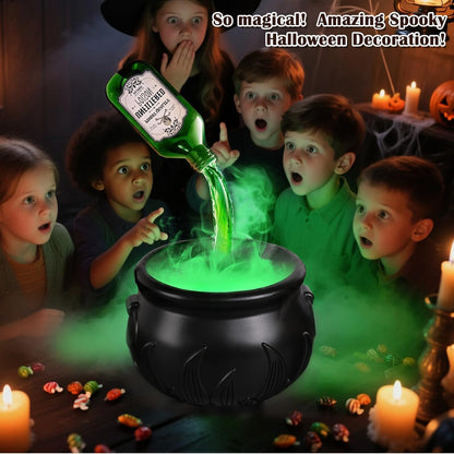 Black cauldron with floating potion bottles and diffuser for Halloween decor