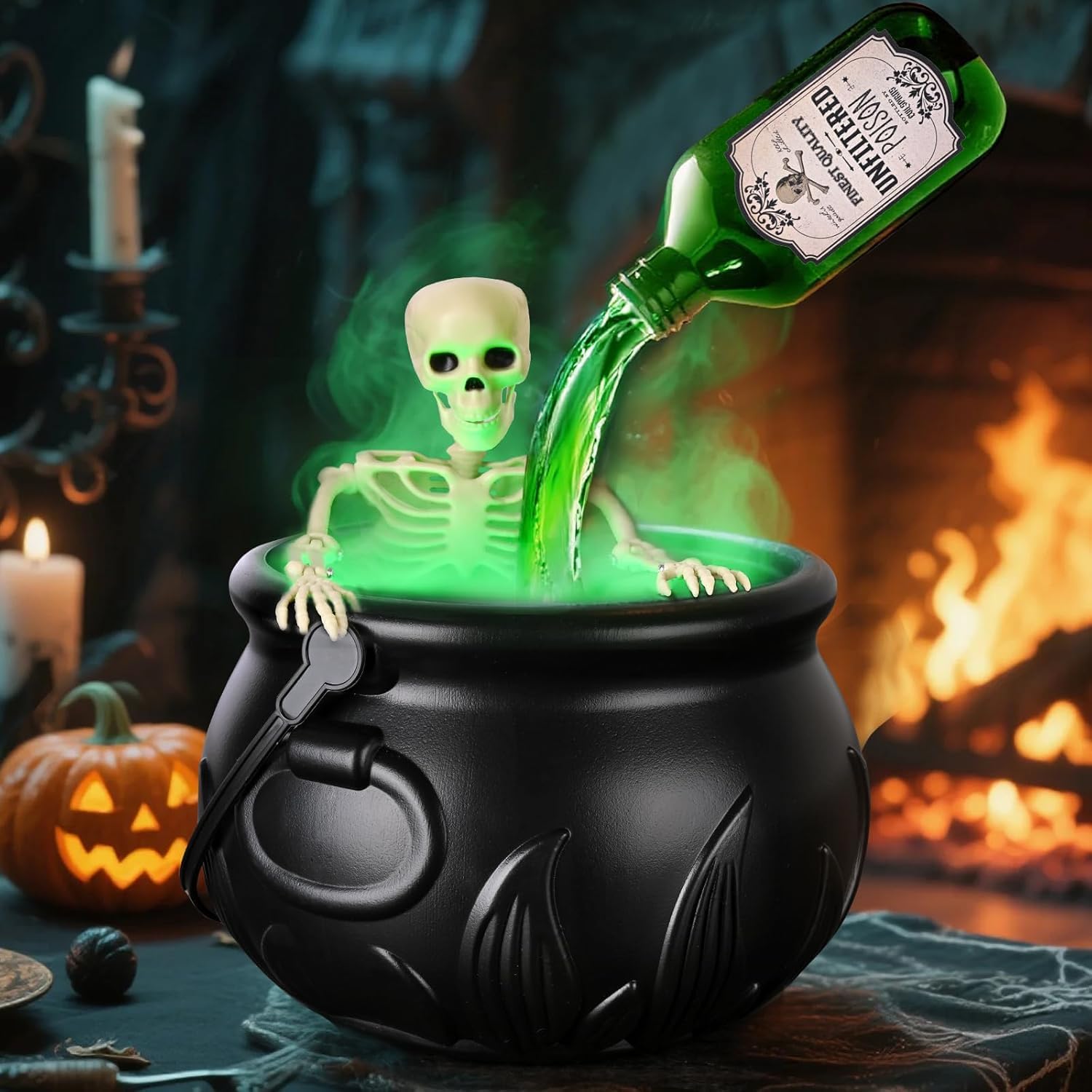 Black cauldron with floating potion bottles and diffuser for Halloween decor