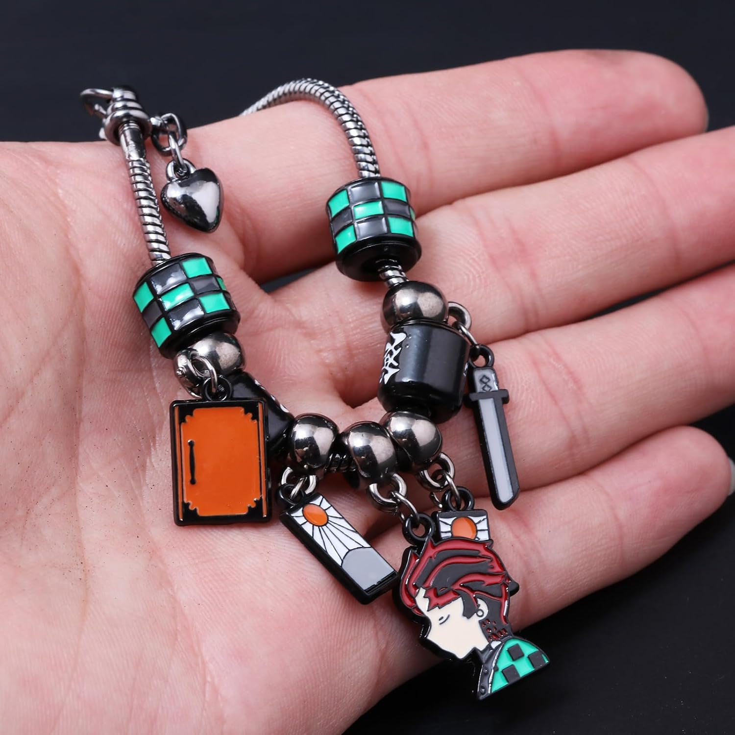 DIY Tanjiro Beads Bracelet with Sword Pendant and Green Beads